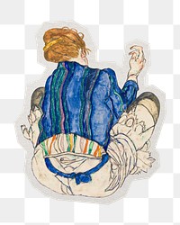 PNG Seated Woman Back View by Egon Schiele sticker with white border, transparent background, artwork remixed by rawpixel.