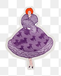 PNG vintage woman purple ball gown dress sticker with white border,  transparent background 