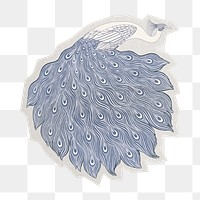 PNG vintage peacock sticker with white border,  transparent background