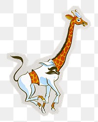 PNG giraffe in navy uniform cartoon sticker with white border,  transparent background