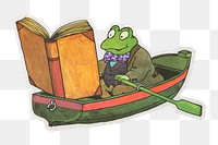 PNG reading frog sticker with white border, paddling on a row boat,  transparent background 