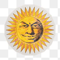 PNG smiling sun sticker with white border,  transparent background 