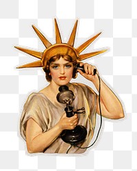 PNG Statue of Liberty making a call sticker with white border,  transparent background 