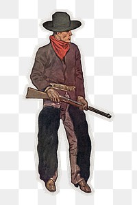 PNG vintage cowboy man sticker with white border,  transparent background 