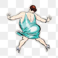 PNG curvy woman party sticker with white border,  transparent background 