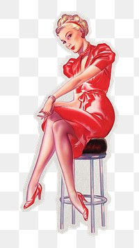 PNG hot woman red dress sticker with white border,  transparent background 