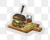 PNG vintage burger sticker with white border, transparent background