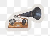 PNG vintage gramophone sticker with white border, transparent background