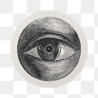 PNG vintage eye sticker with white border, transparent background