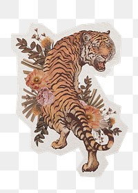 PNG tiger and flower sticker with white border, transparent background