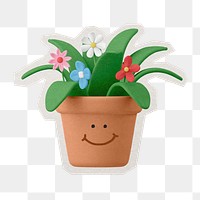 PNG 3D emoticon smiling houseplant sticker with white border, transparent background