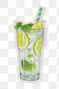 PNG mojito cocktail sticker with white border, drinks illustration, transparent background