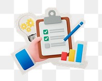 PNG 3D company evaluation hand holding checklist sticker with white border, transparent background