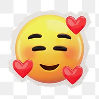 PNG 3D feeling loved emoticon with white border, transparent background