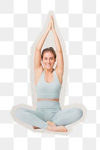 PNG healthy woman doing yoga sticker with white border,  transparent background