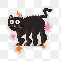 PNG black cat Halloween cartoon sticker with white border, transparent background