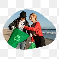 PNG Trash pick up volunteering at the beach, round badge transparent background