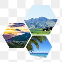 PNG Nature & travel in hexagon shape, transparent background