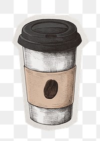 PNG coffee tumbler vintage sticker  white border, transparent background