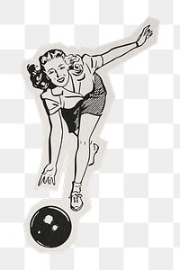 PNG bowling woman vintage sport sticker  white border,  transparent background