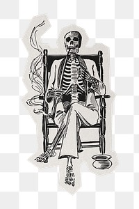 PNG smoking skeleton sticker  white border, transparent background