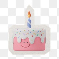 PNG smiling birthday cake 3D emoticon sticker  white border, transparent background