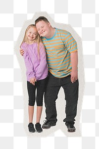 PNG Cute siblings, people with down syndrome sticker white border, transparent background