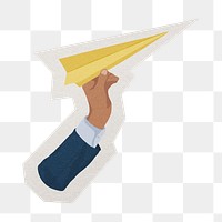 PNG paper plane sticker  white border, businessman's hand holding graphic, transparent background