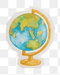 PNG globe watercolor education  sticker  white border, transparent background