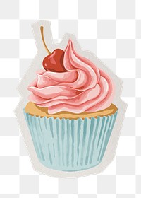 PNG cherry cupcake sticker with white border, transparent background