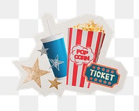 PNG popcorn movie tickets sticker with white border, transparent background