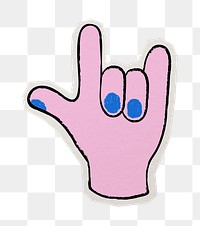 PNG  love sign language doodle sticker with white border, transparent background