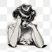 PNG stressful woman sticker with white border, transparent background 