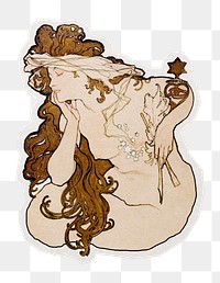 PNG Alphonse Mucha's woman sticker with white border,  transparent background 