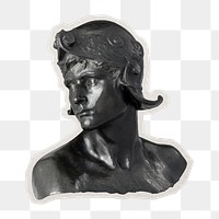 PNG aesthetic warrior head sculpture sticker with white border, transparent background 