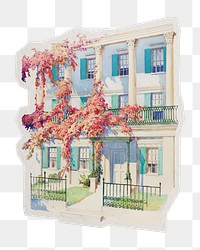 PNG Building with pink flowers sticker with white border, transparent background