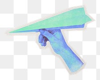 PNG hand holding paper plane sticker with white border, transparent background