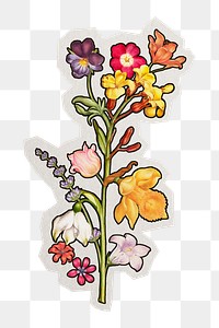 PNG colorful flower spring sticker with white border, transparent background