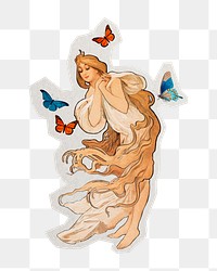 PNG Mucha's woman sticker with white border, transparent background, artwork remixed by rawpixel.