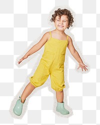 PNG  girl in yellow sleeveless jumpsuit  sticker with white border,  transparent background