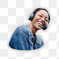 PNG woman with headphones sticker with white border, transparent background