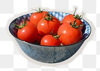 PNG tomatoes in bowl sticker with white border, transparent background