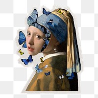 PNG girl with a pearl earring remixed collage artwork, transparent background