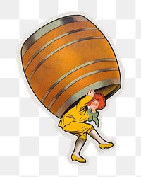 PNG boy carrying alcohol barrel sticker with white border,  transparent background 