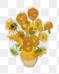 PNG vincent Van Gogh&rsquo;s Sunflowers sticker with white border, transparent background , artwork remixed by rawpixel.