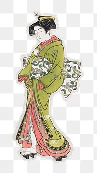 PNG Japanese geisha sticker with white border, transparent background 