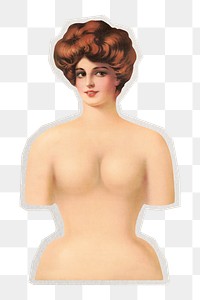 PNG victorian woman's body sticker with white border, transparent background 