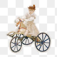 PNG Monet's Boy riding on pony tricycle sticker with white border, transparent background 