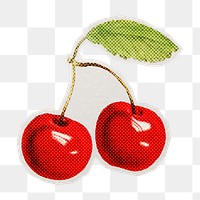 PNG halftone red cherry sticker with white border, transparent background