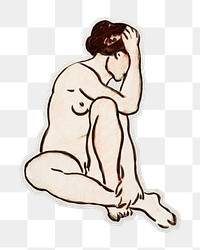 PNG vintage sitting nude lady sticker with white border,  transparent background